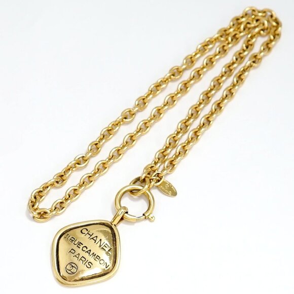 CHANEL CC Logo Paris Cambon Charm Necklace 22" Gold Tone Auth #18157 - Picture 1 of 6